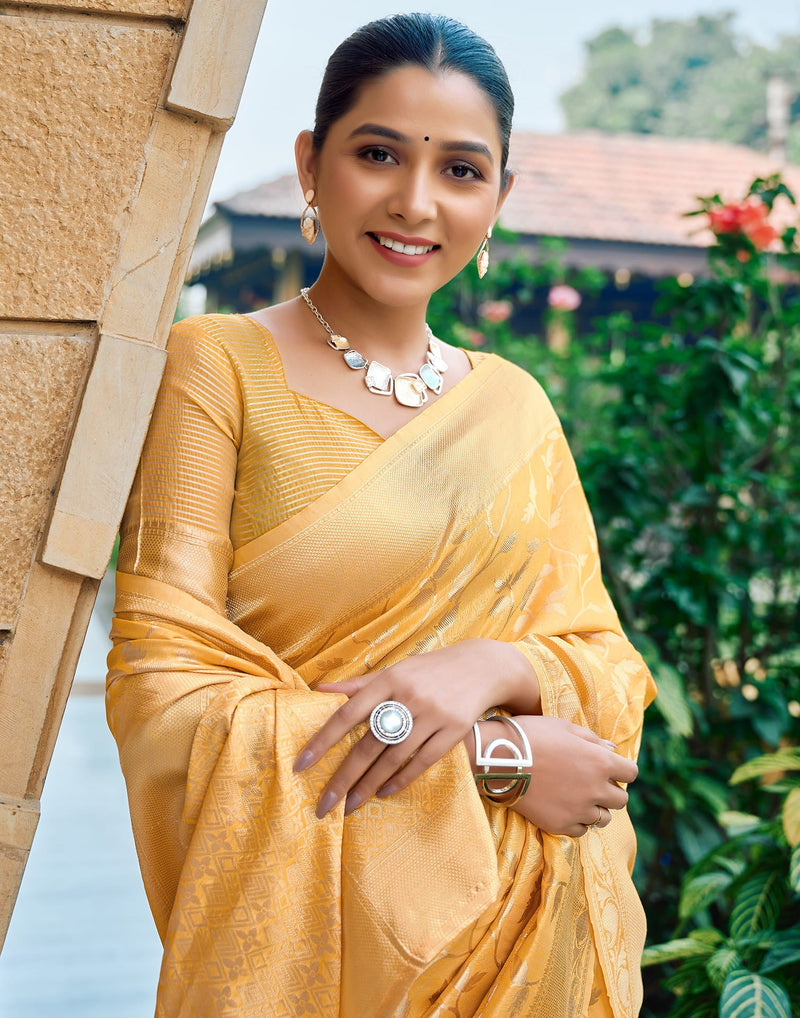Yellow Silk Blend Woven Banarasi Saree