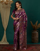 Wine Silk Blend Woven Banarasi  Saree
