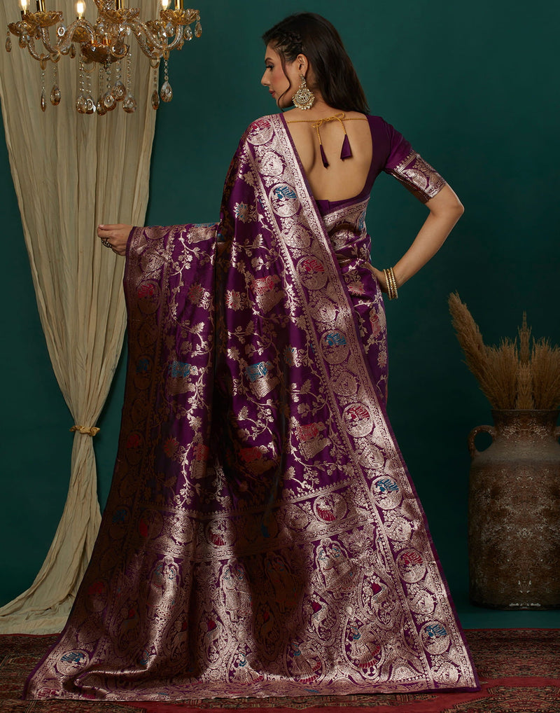Wine Silk Blend Woven Banarasi  Saree