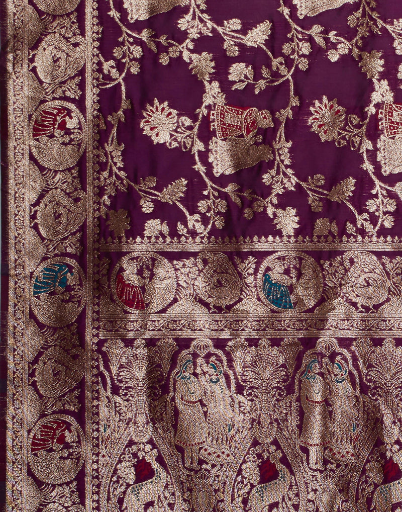 Wine Silk Blend Woven Banarasi  Saree
