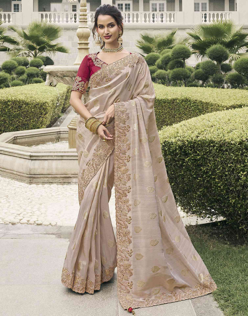Beige Silk Embroidery Embellished Saree