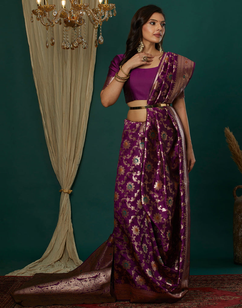 Wine Silk Blend Woven Banarasi Saree