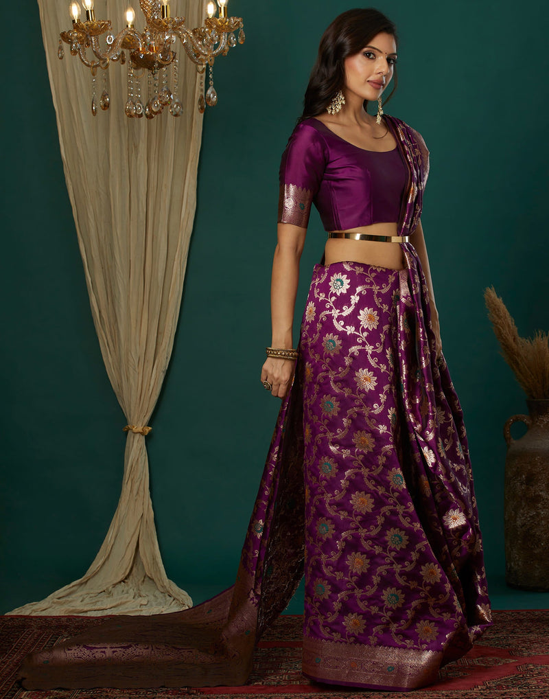 Wine Silk Blend Woven Banarasi Saree