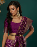 Wine Silk Blend Woven Banarasi Saree