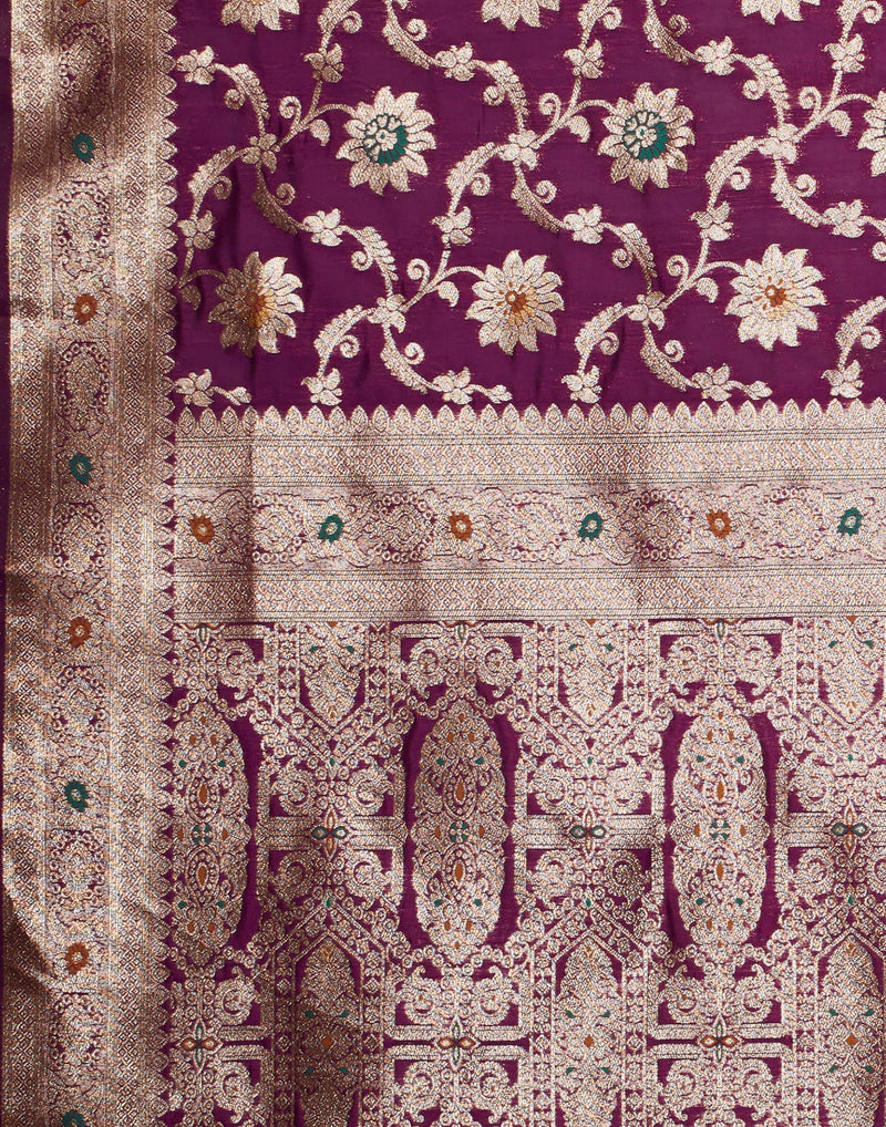 Wine Silk Blend Woven Banarasi Saree