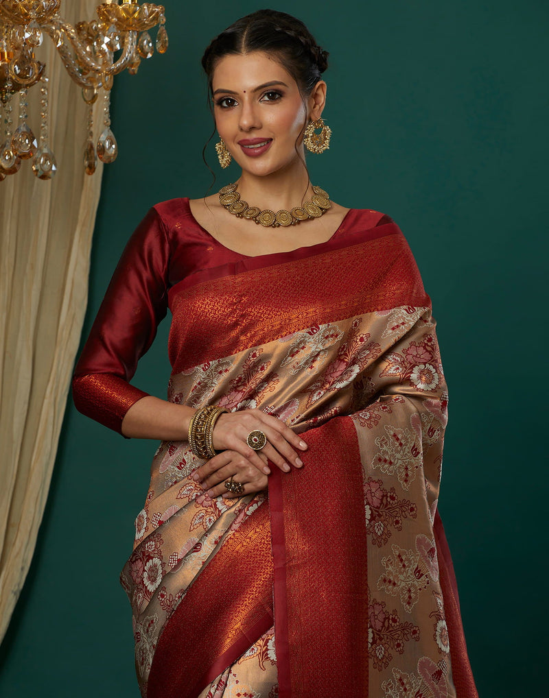 Beige Silk Woven Saree