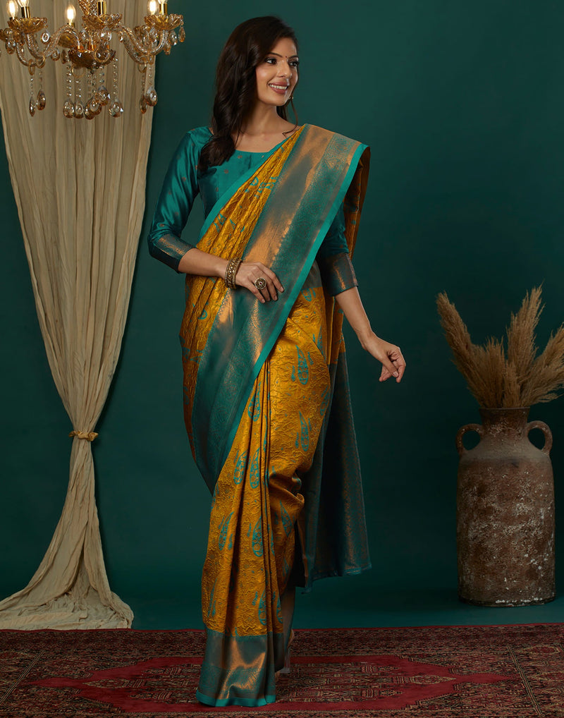 Yellow Silk Blend Woven Saree
