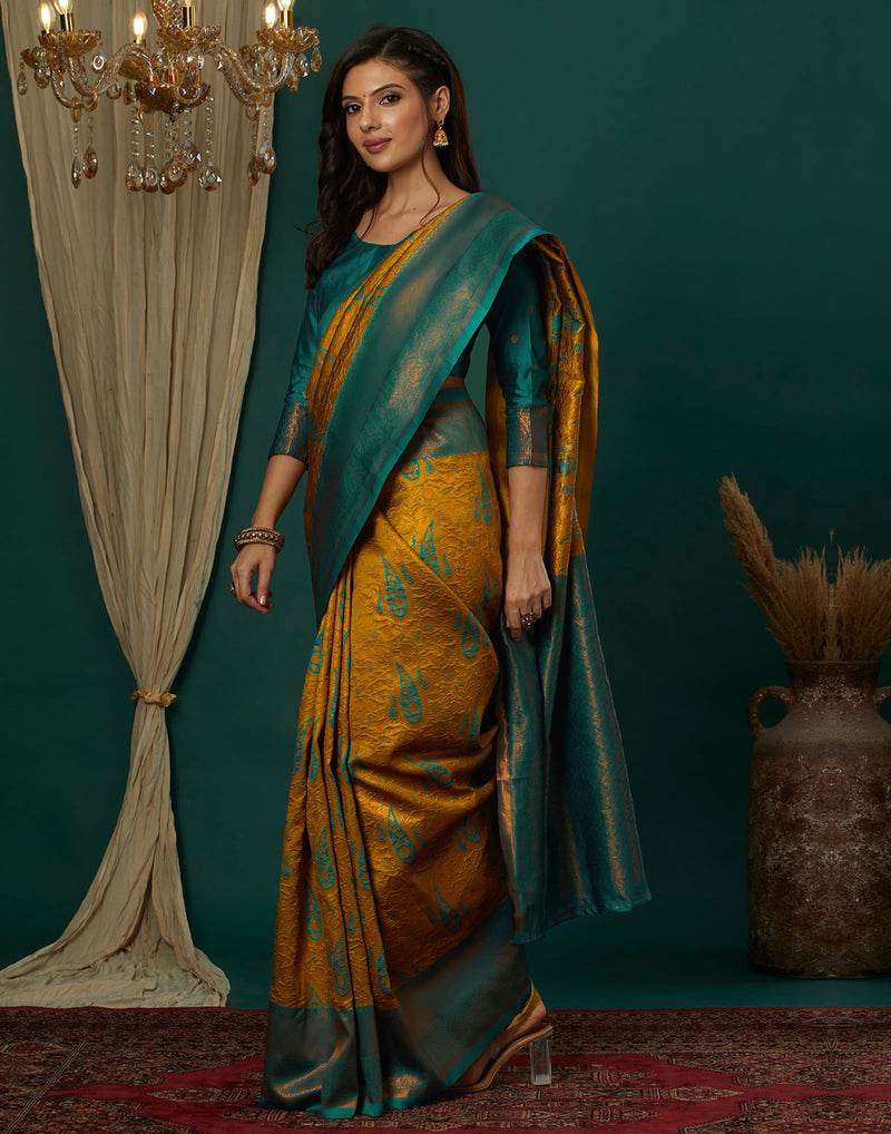 Yellow Silk Blend Woven Saree