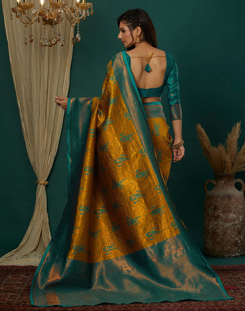 Yellow Silk Blend Woven Saree