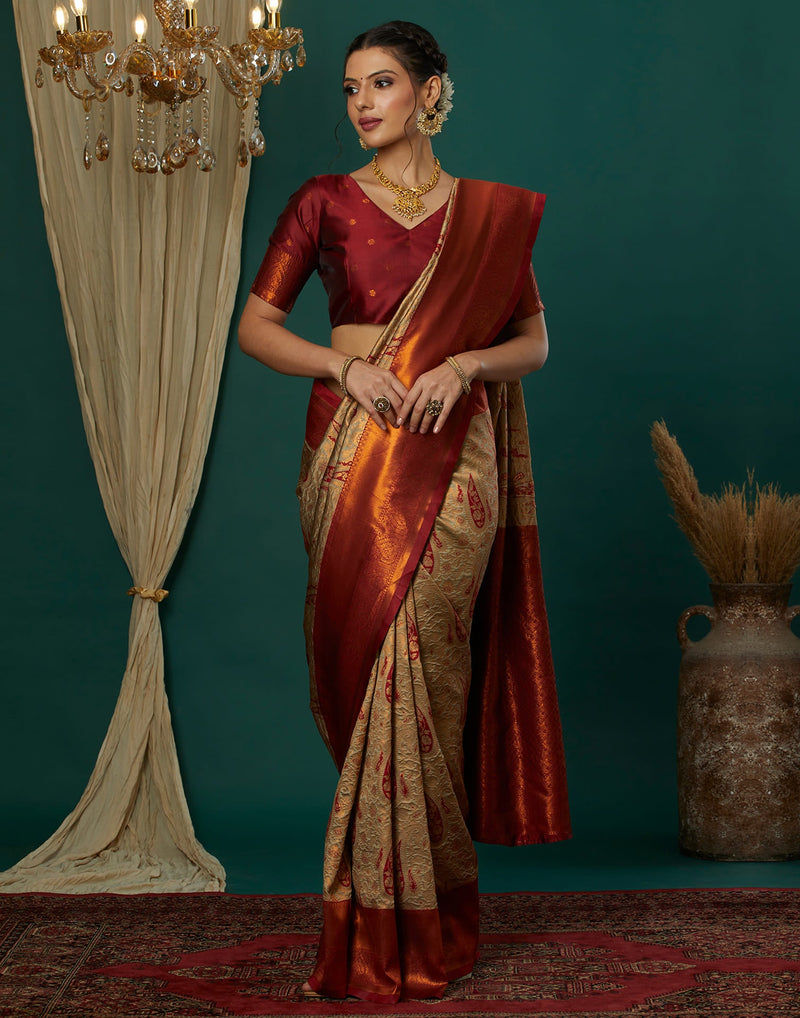 Beige Silk Blend Woven Saree