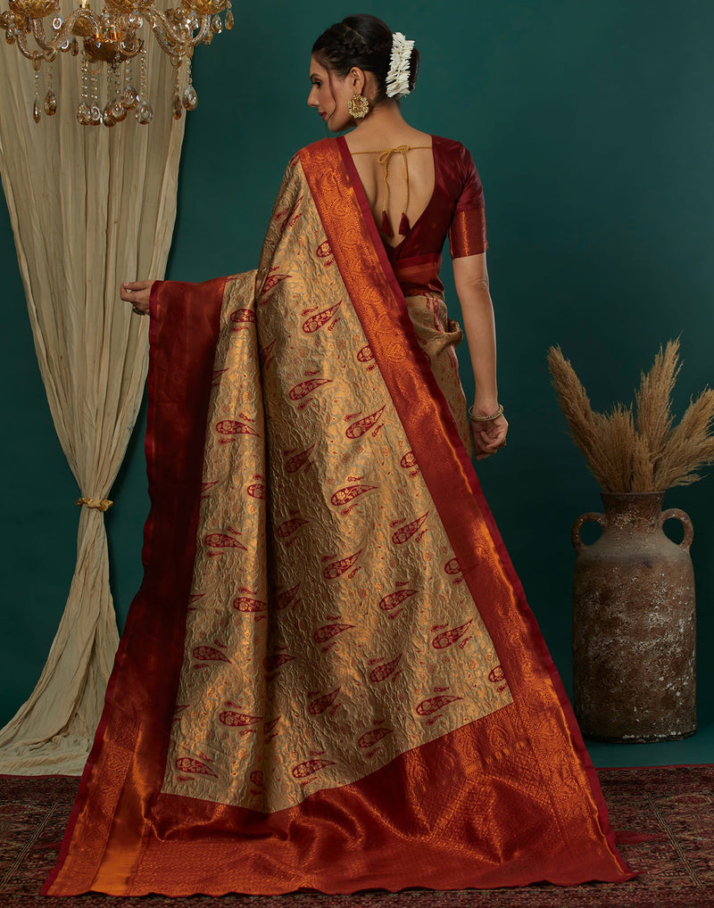 Beige Silk Blend Woven Saree