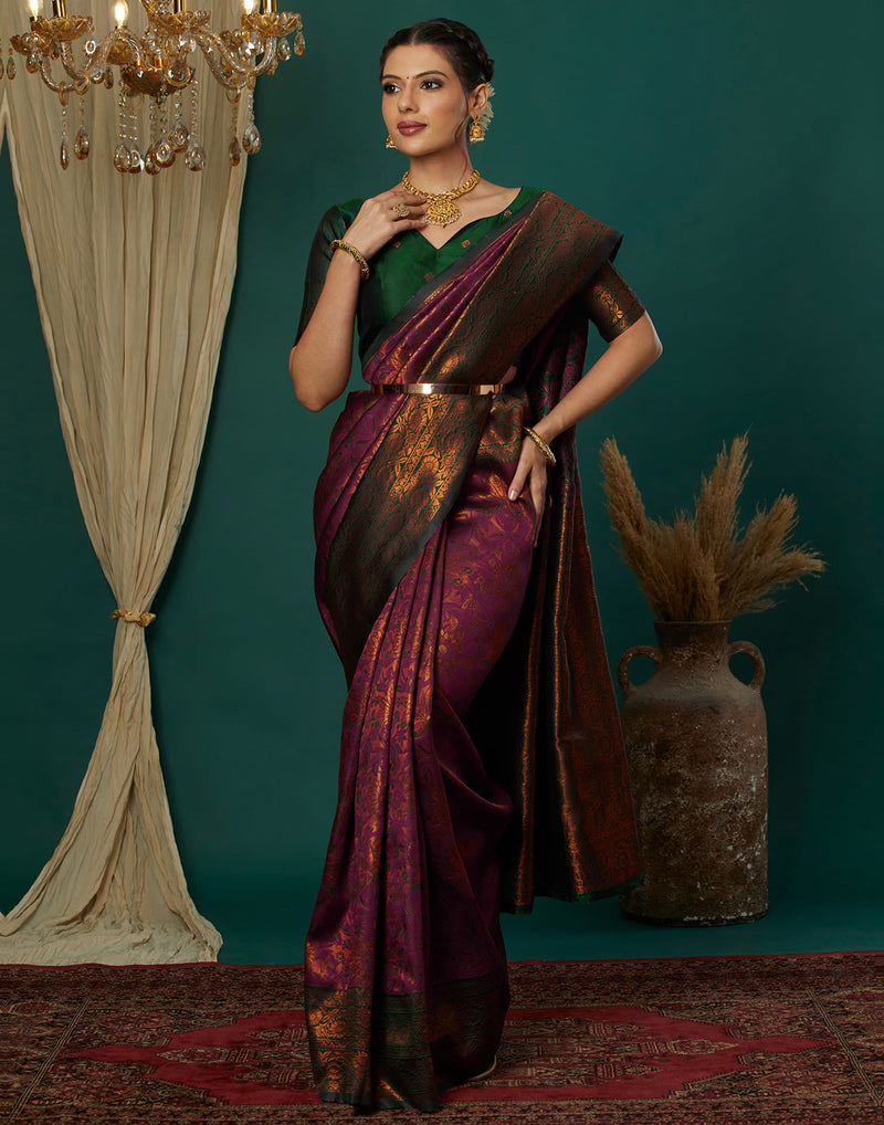 Wine Silk Blend Woven Saree