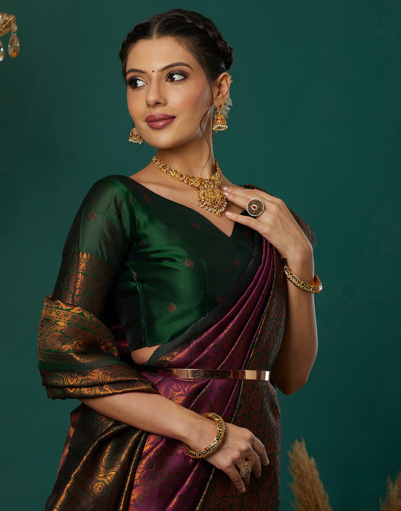 Wine Silk Blend Woven Saree