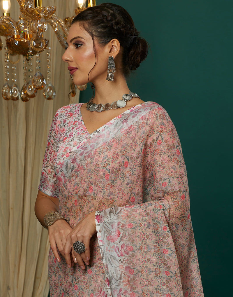 Beige Cotton Blend Printed Saree