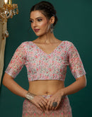 Beige Cotton Blend Printed Saree