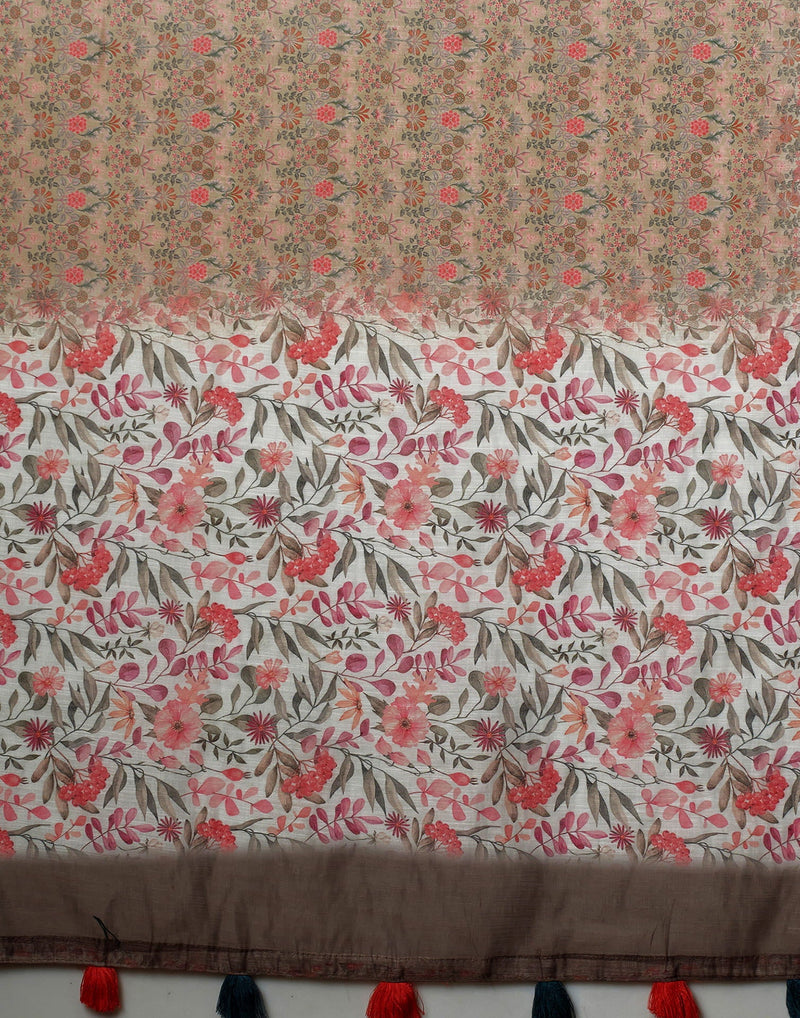 Beige Cotton Blend Printed Saree