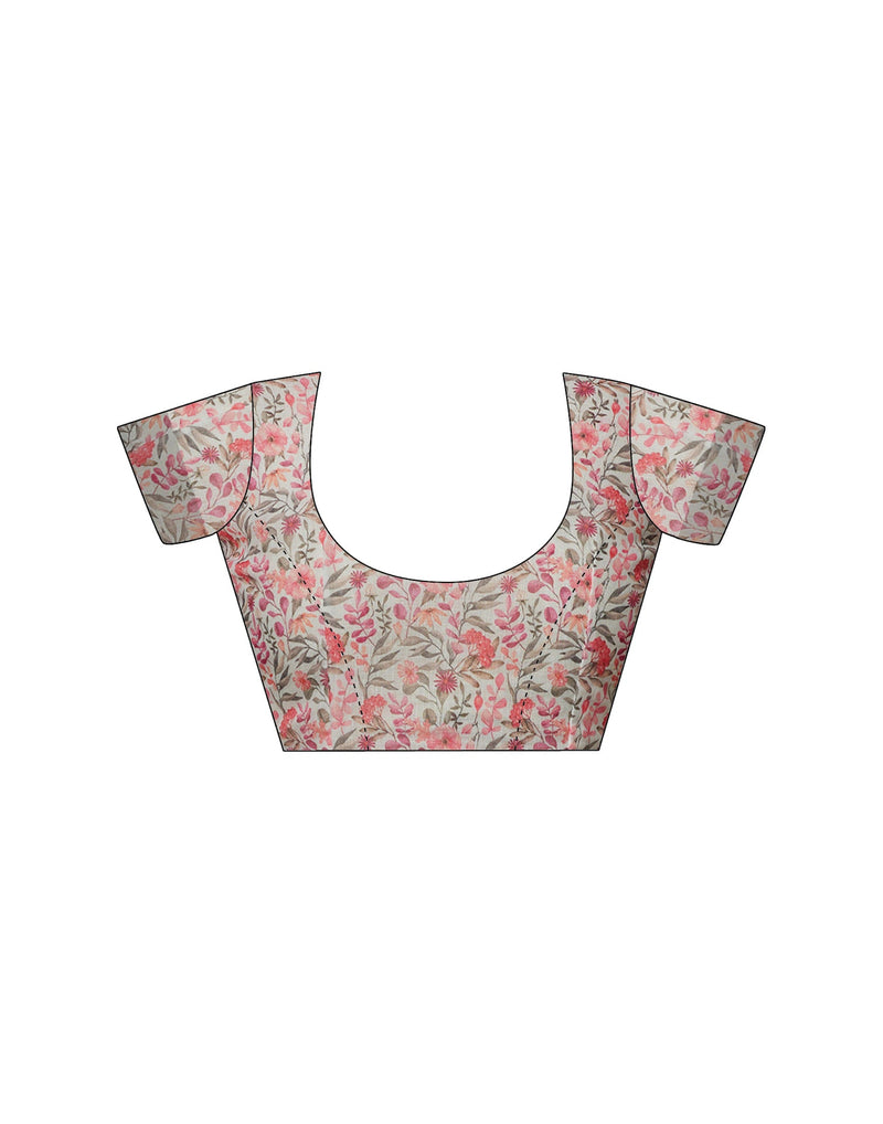 Beige Cotton Blend Printed Saree