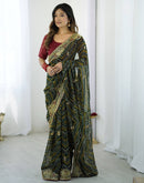 Green Georgette Lace Bandhani Saree