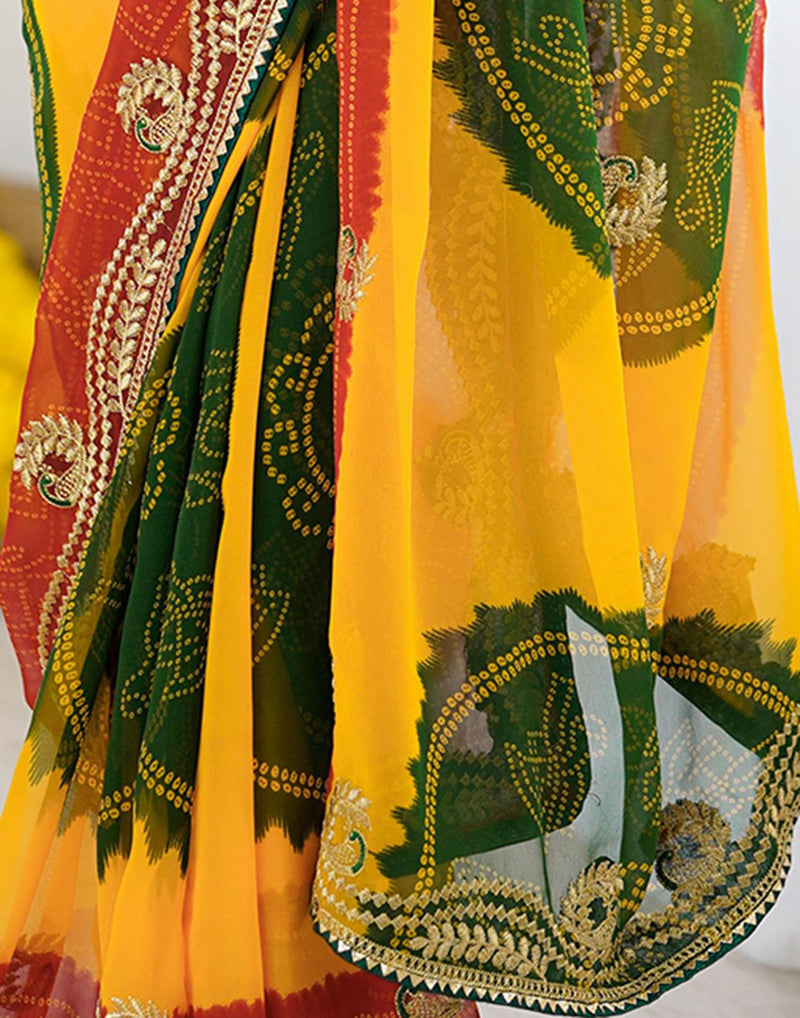 Yellow Georgette Printed Bandhani Saree