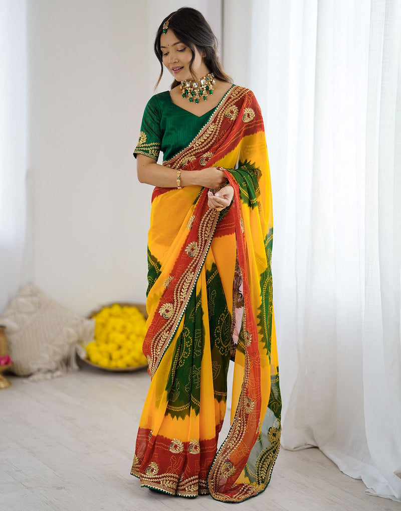 Yellow Georgette Printed Bandhani Saree