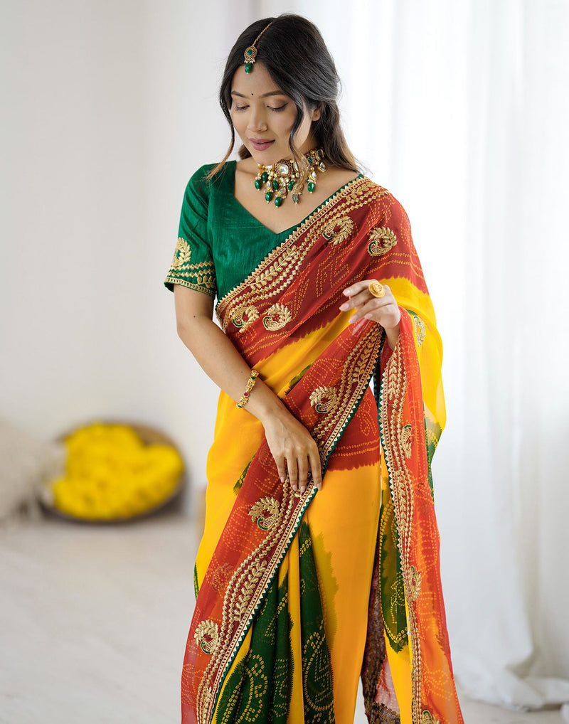 Yellow Georgette Printed Bandhani Saree