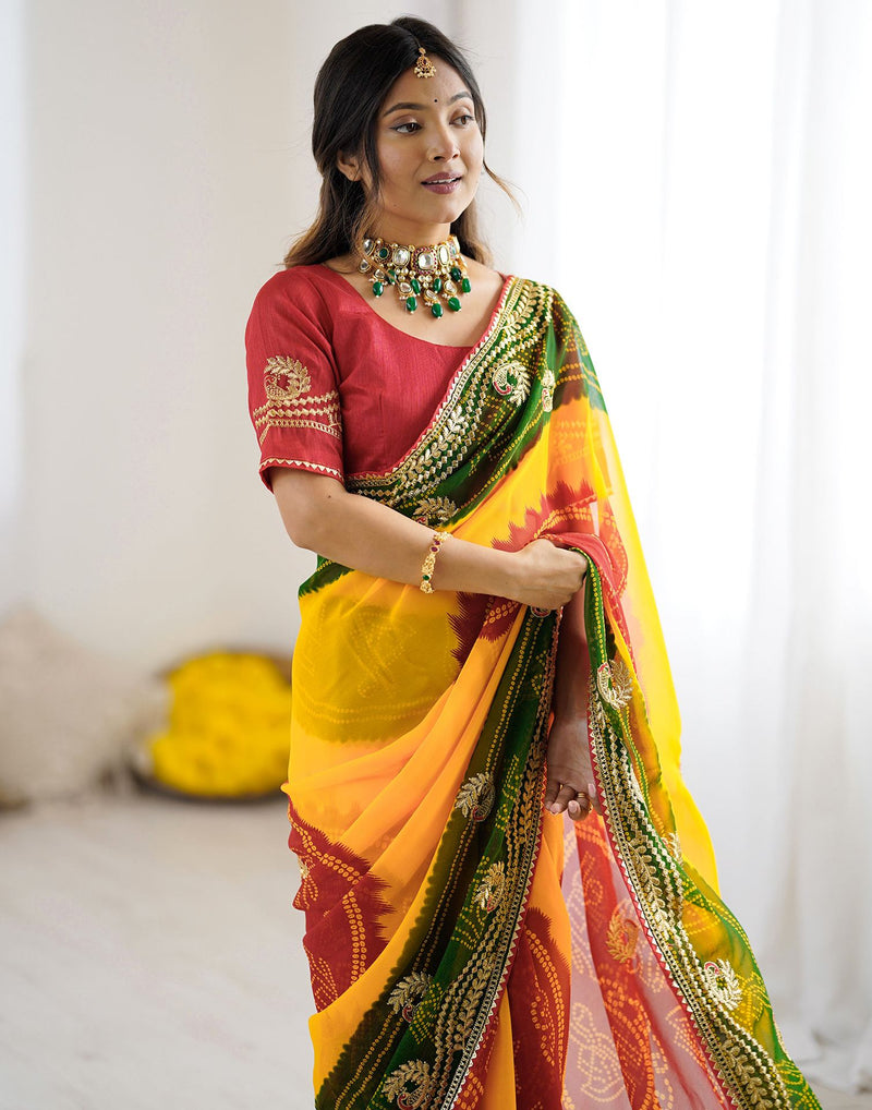 Yellow Georgette Printed Bandhani Saree