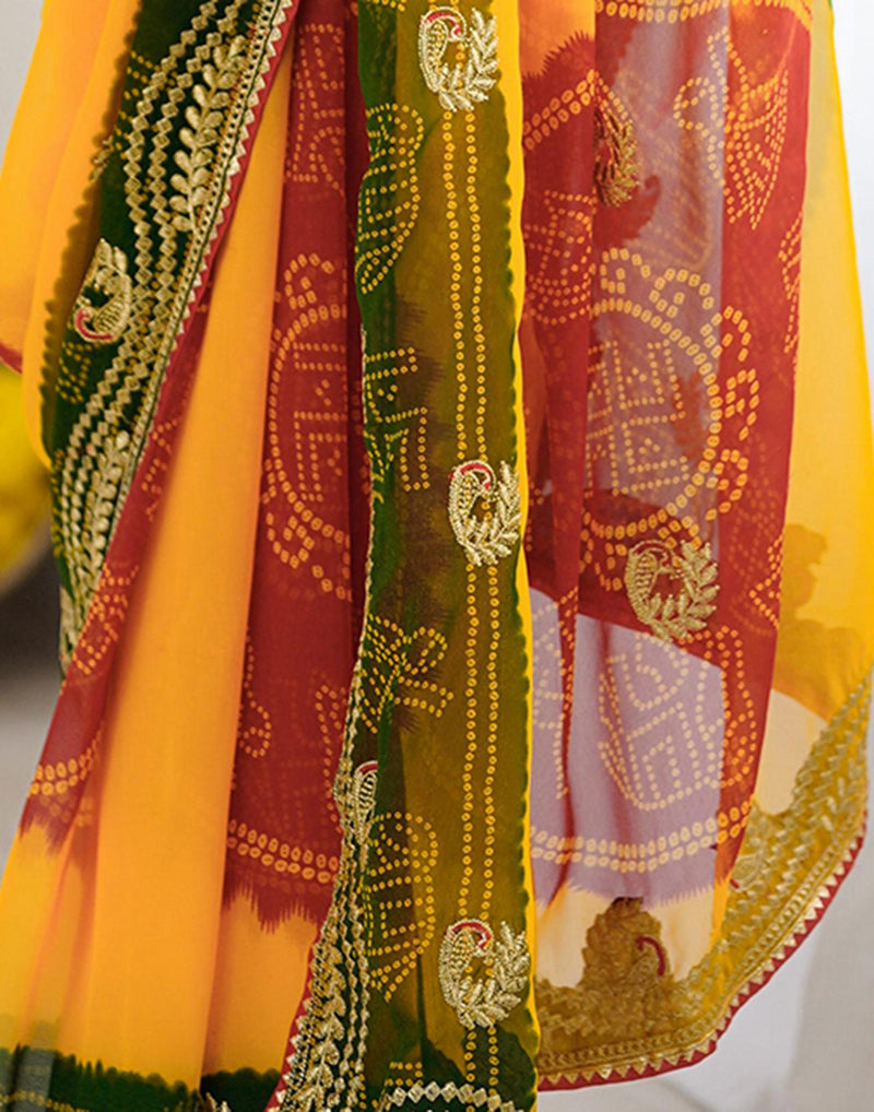 Yellow Georgette Printed Bandhani Saree