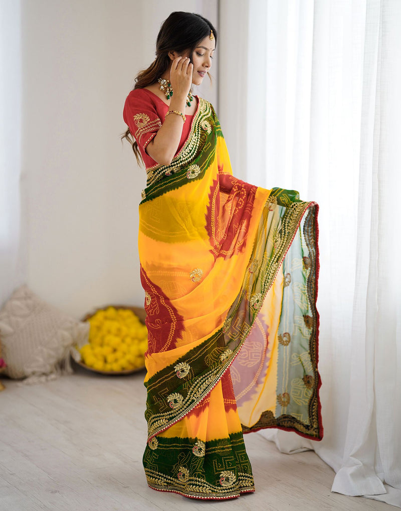 Yellow Georgette Printed Bandhani Saree