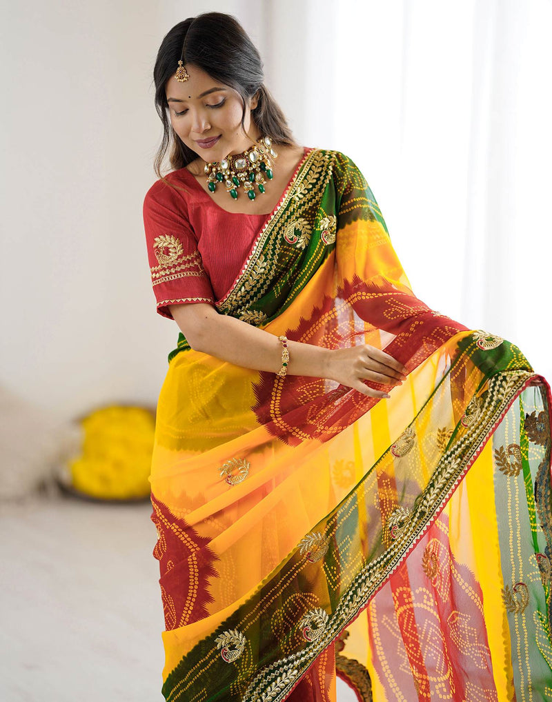 Yellow Georgette Printed Bandhani Saree