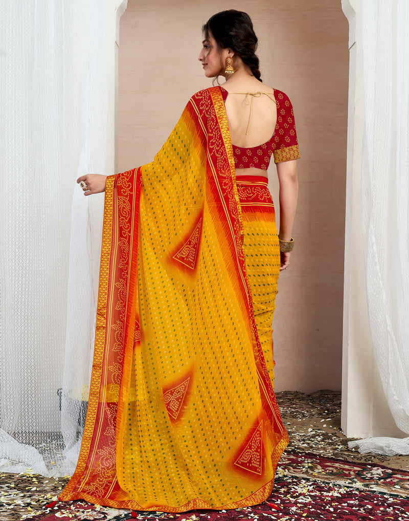 Yellow Chiffon Printed Bandhani Saree