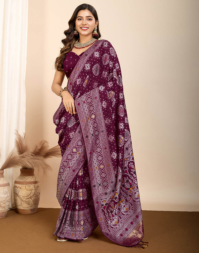 Wine Silk Woven Banarasi Saree