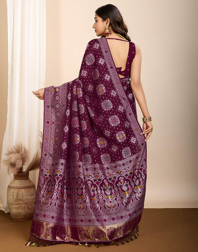 Wine Silk Woven Banarasi Saree