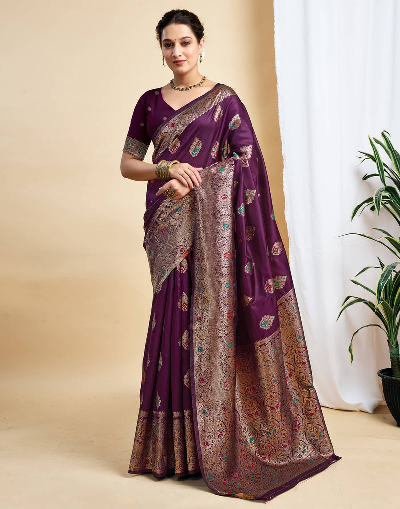 Wine Silk Woven Banarasi Saree