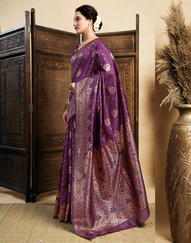 Wine Silk Woven Banarasi Saree