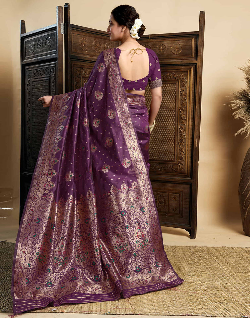 Wine Silk Woven Banarasi Saree