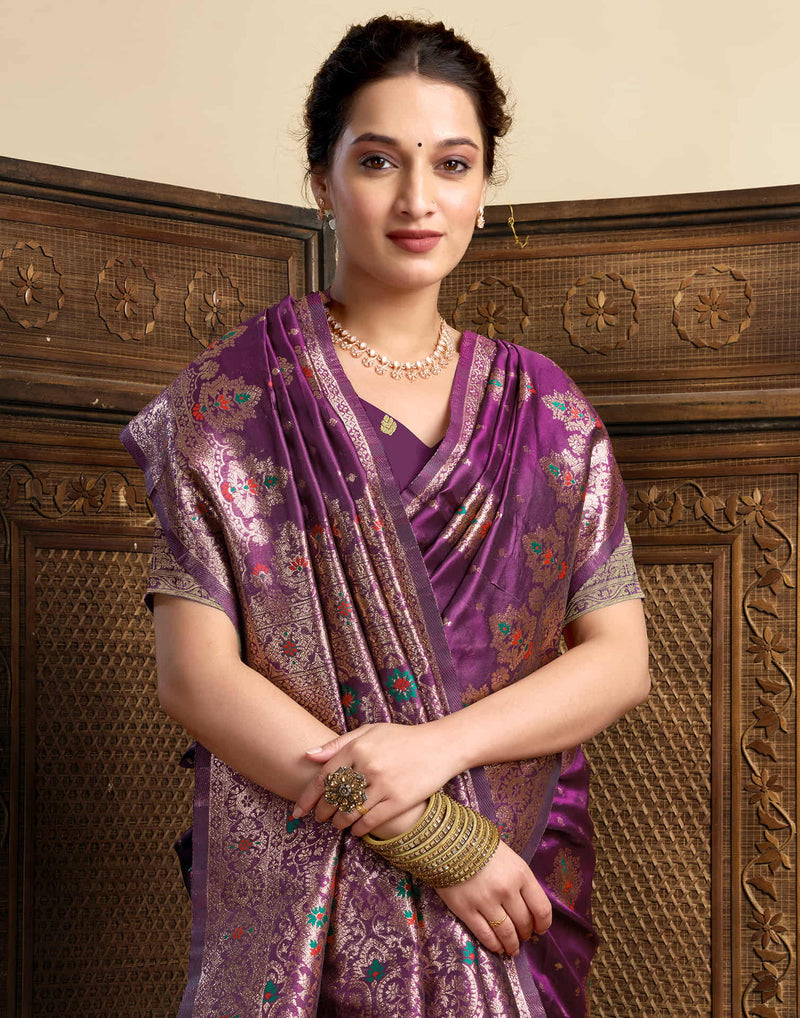 Wine Silk Woven Banarasi Saree