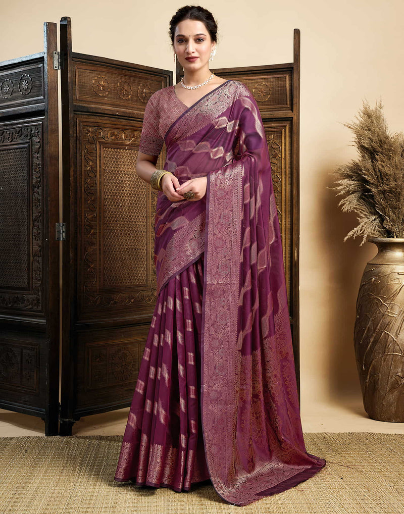 Wine Silk Woven Saree