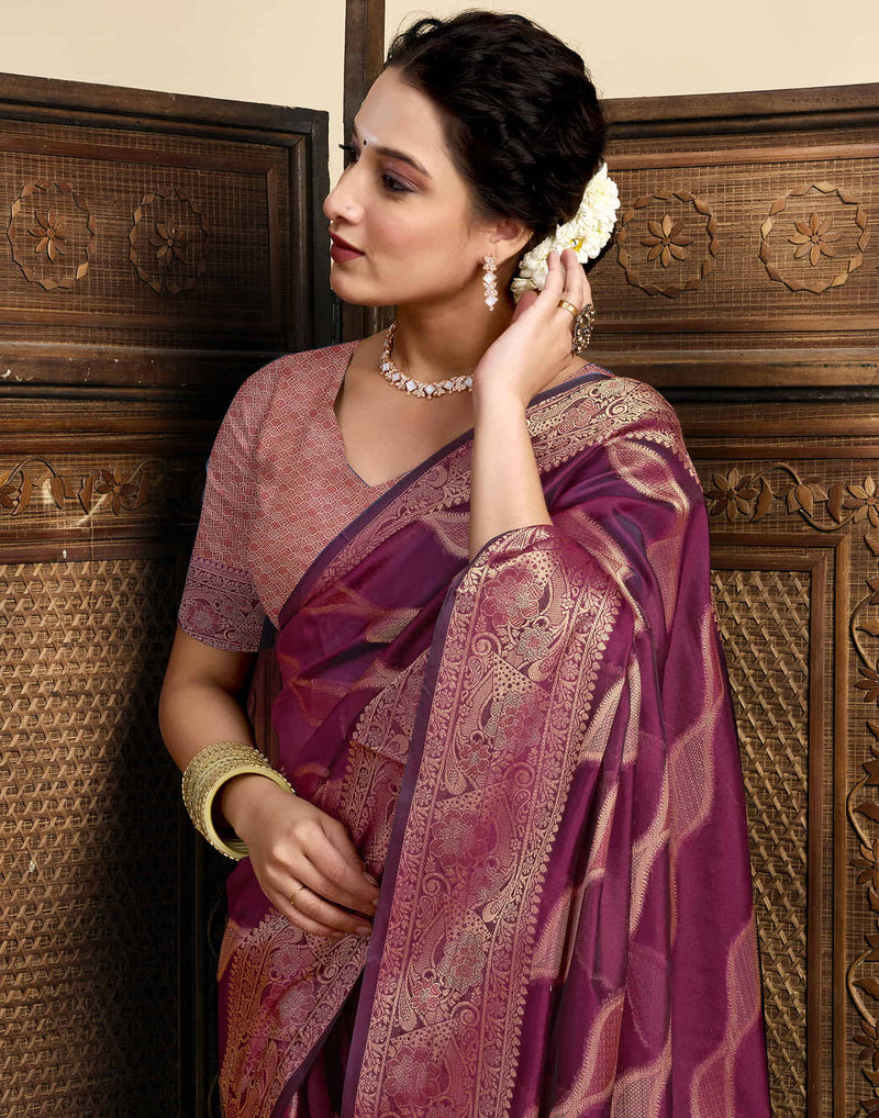 Wine Silk Woven Saree