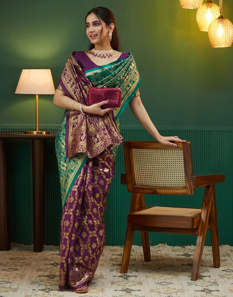 Wine Silk Woven Banarasi Saree