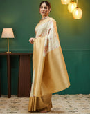 Beige Silk Printed Woven Saree