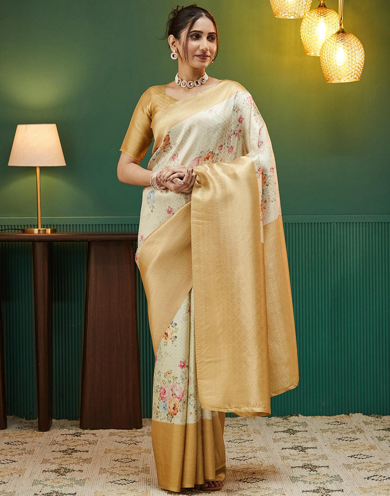 Beige Silk Printed Woven Saree