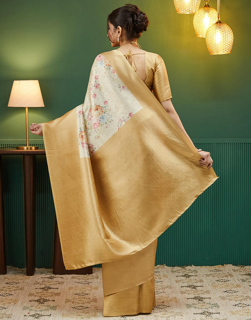 Beige Silk Printed Woven Saree