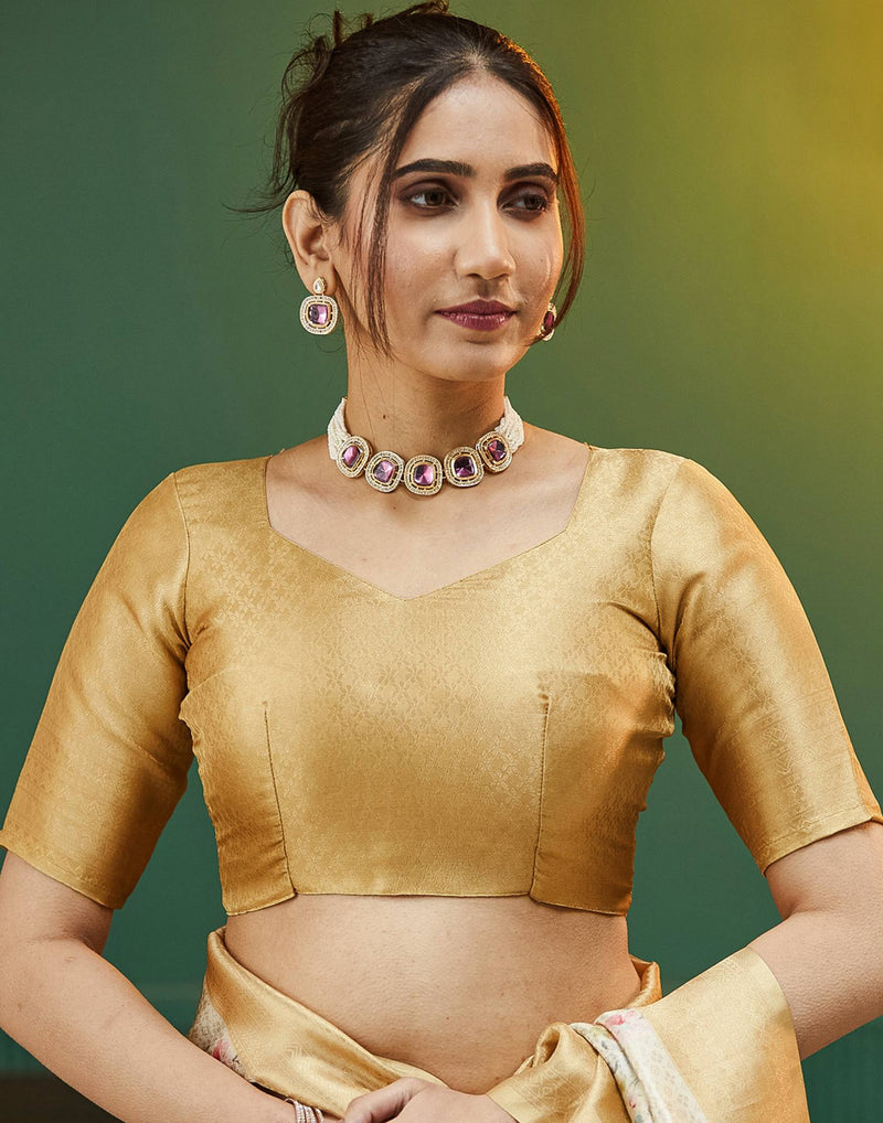 Beige Silk Printed Woven Saree