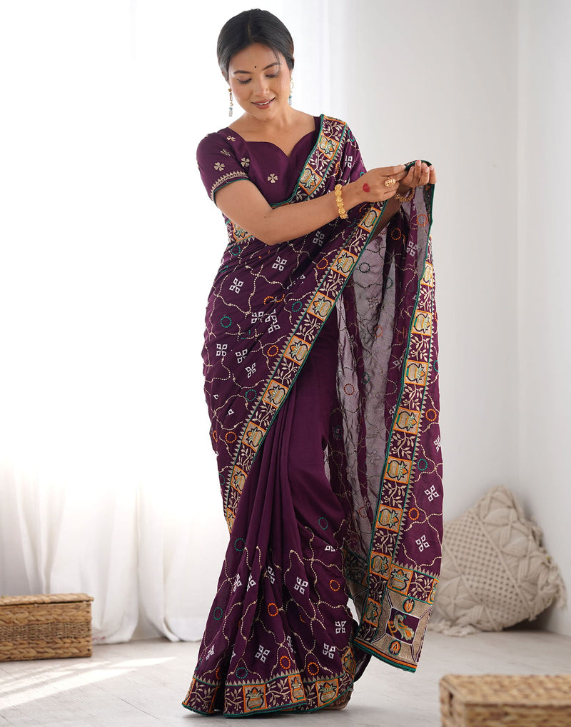 Wine Vichitra Silk Embroidery Saree