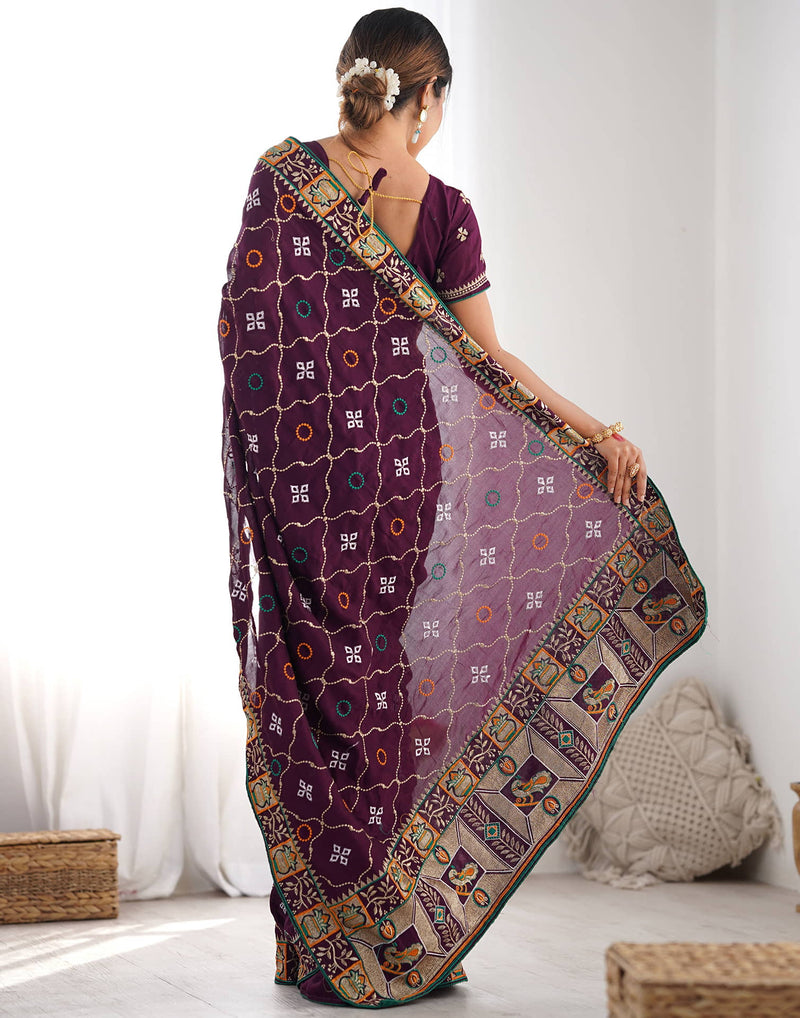 Wine Vichitra Silk Embroidery Saree