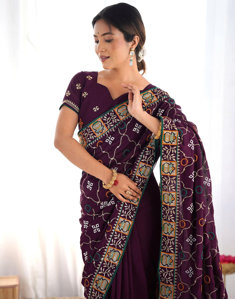 Wine Vichitra Silk Embroidery Saree