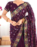 Wine Vichitra Silk Embroidery Saree