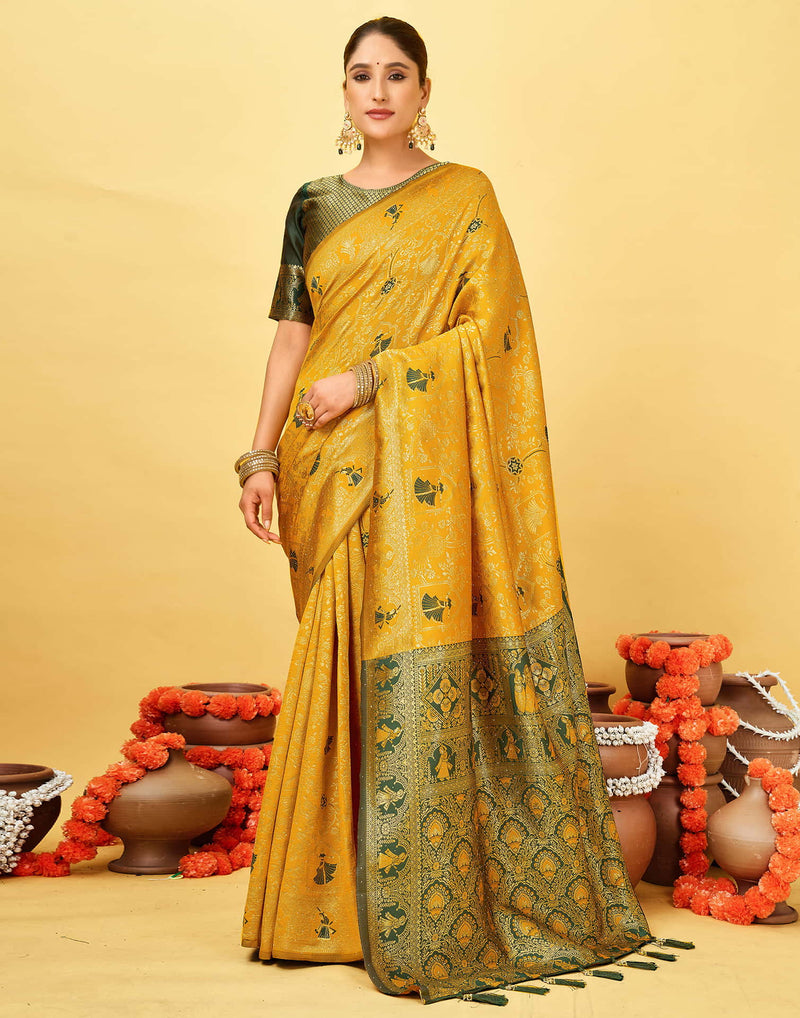 Yellow Silk Woven Baluchari Saree