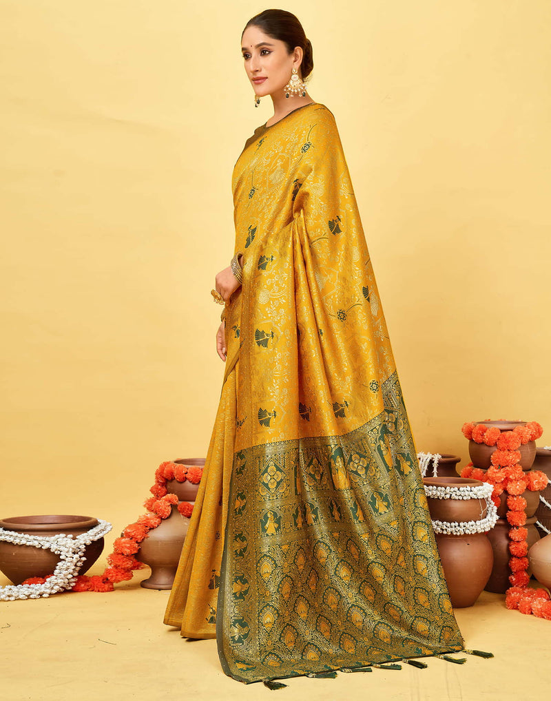 Yellow Silk Woven Baluchari Saree