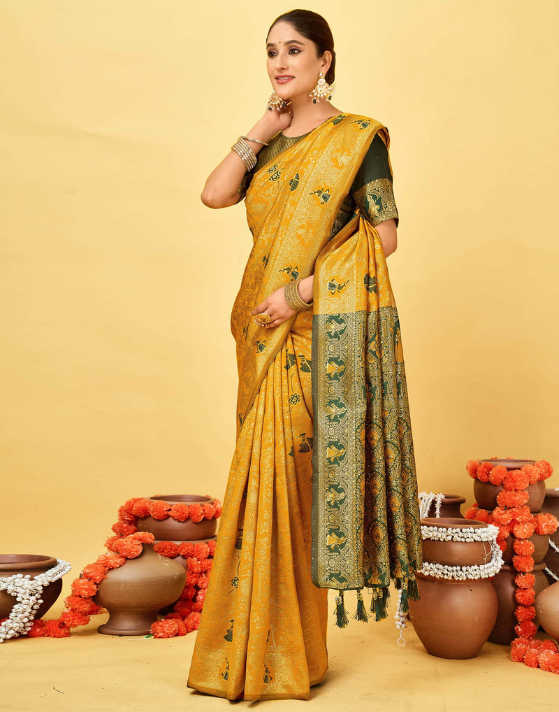 Yellow Silk Woven Baluchari Saree